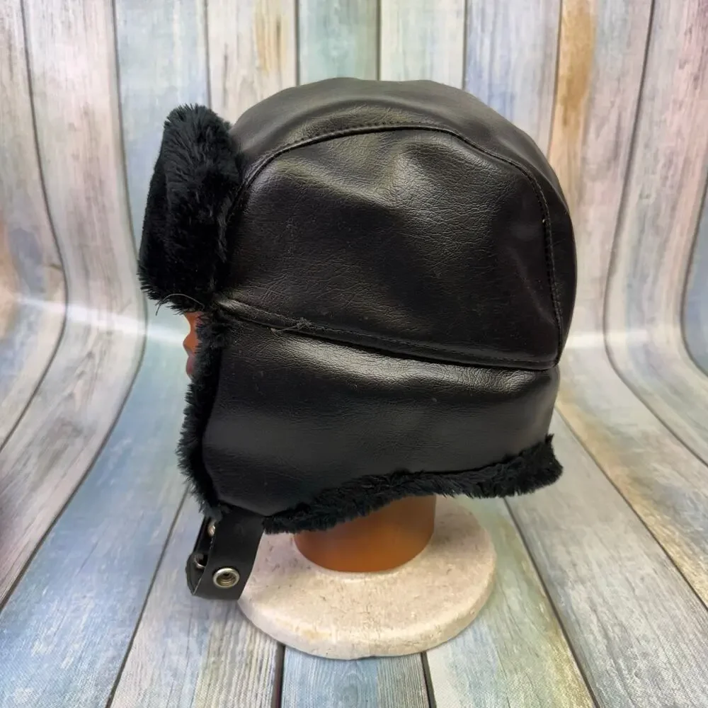 Black Leather Vintage Trooper Hat Made in Korea Cousin Eddie Ear Flap Aviator